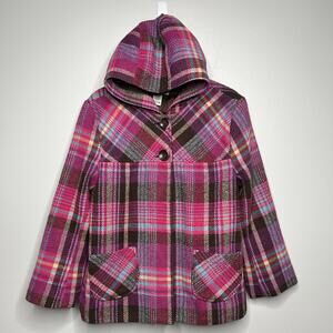 VTG Cherokee Girls XL Pink Plaid Wool Blend Coat Hooded Button‎ Front Lined
